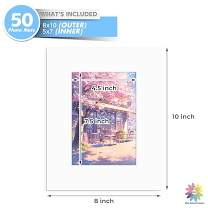 Mat Board Center 50 Pack 8x10 Picture Mat for 5x7 Photo White