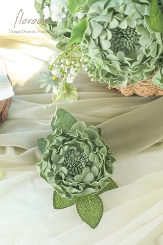 Artificial Flowers 16pcs 4" Elf Green Blooming Peonies Real Looking Foam Fake Peony with Stems for DIY Wedding Bouquets Sage Green Bridal Shower Centerpiece Floral Arrangement Table Decoration (16 Count)