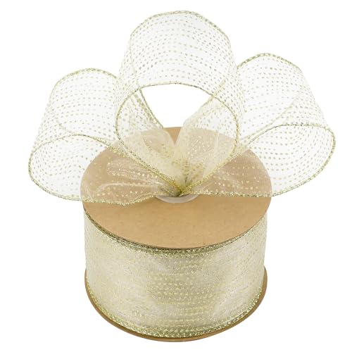 Glitter Gold Wired Ribbon 2.5 Inch Horizontal Stripes Glitter Polka Dot Christmas Ribbon Organza Sheer Ribbons 25 Yards Gold Glitter Ribbons for Christmas Tree (75 Foot)