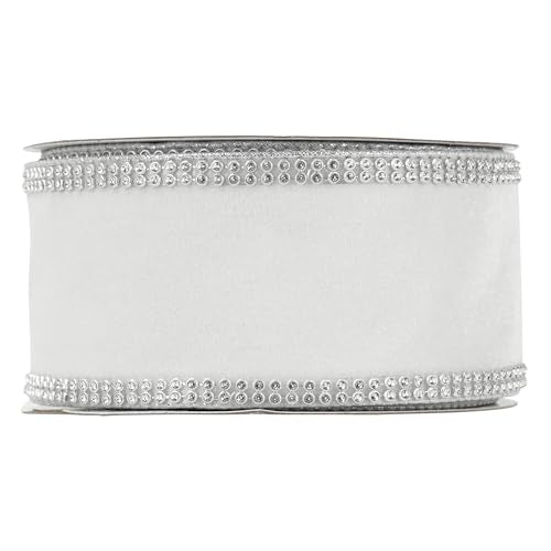 White Velvet with Rhinstone Edge Wired Ribbon 2.5 Inch Luxury Jeweled Ribbon 5 Yards Sparkling Rhinestone Trim for Christmas Tree (15 Foot)