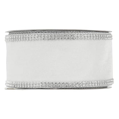 White Velvet with Rhinstone Edge Wired Ribbon 2.5 Inch Luxury Jeweled Ribbon 5 Yards Sparkling Rhinestone Trim for Christmas Tree (15 Foot)