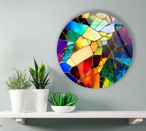 39,4''(100cm) Diameter Multicolor Round Stained Glass Wall Art Vibrant Mosaic Abstract Panel Tempered Glass Printing Wall Decor Large Wall Art Wall Hangings