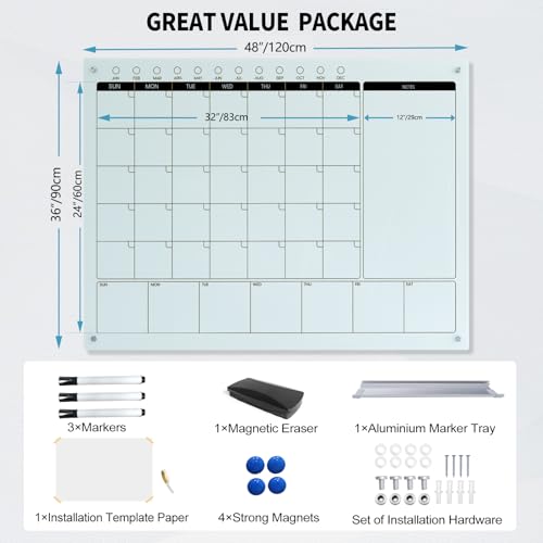 Magnetic Glass Whiteboard Calendar 48"x36" Glass Dry Erase Calender Board 36"x48" Monthly Plan White GlassBoard Wall Mounted for Office School Home