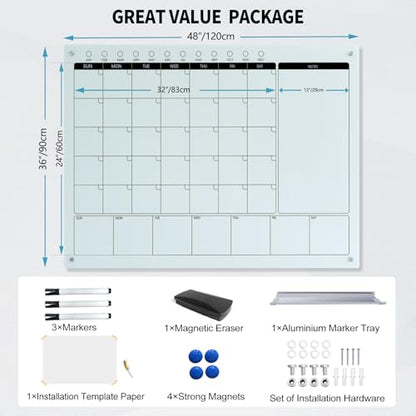 Magnetic Glass Whiteboard Calendar 48"x36" Glass Dry Erase Calender Board 36"x48" Monthly Plan White GlassBoard Wall Mounted for Office School Home
