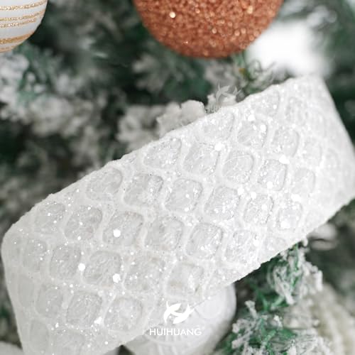 White Glitter Diamond Wired Christmas Ribbon 2.5 inch x 10 Yards (30 Foot)
