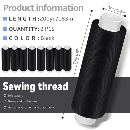 8 Rolls Black Thread for Sewing 200 Yards Each Roll Sewing Thread (8 Count)