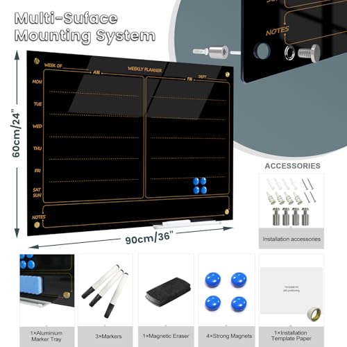 Glass Whiteboard 24"X36" Weekly Calendar Blackboard Magnetic Planner WritingBoard Dry Erase Board Frameless White Board for Office School Home Tray