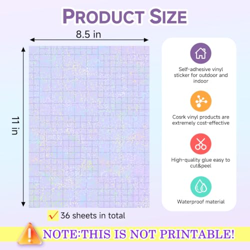 36 Sheets Holographic Laminate Sheets Clear Self Adhesive Sticker Paper (36 Count)