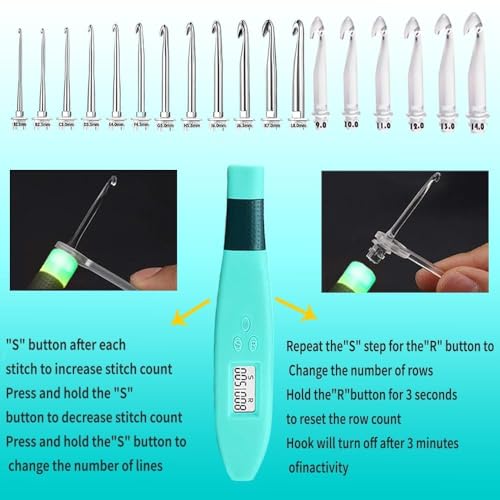18 Size Counting Crochet Hooks Set with Light Handle 2.0mm~14.0mm (18 Count)