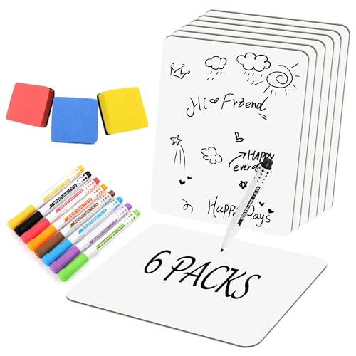 6 Pack Small White Board Dry Erase Classroom Pack Boards 9" x12” Personal Whiteboards for Teachers Lapboards Mini Whiteboard Erasers Included Colors pens (6 Count)