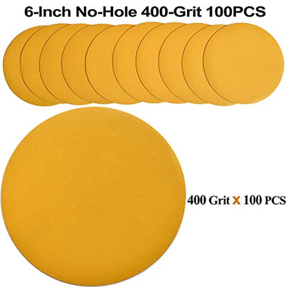 6-Inch No-Hole Hook and Loop Gold Sanding Discs 400-Grit, 100-Pack (100 Count)