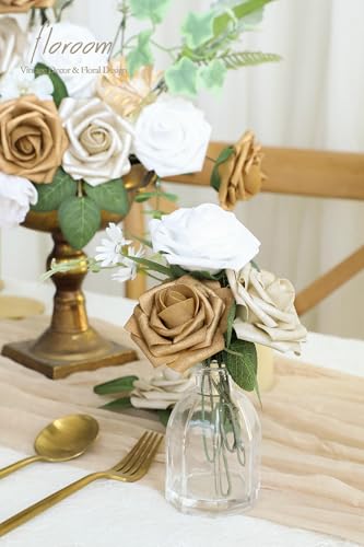 Artificial Flowers 25pcs Real Looking Gold & Champagne Gold Foam Fake Roses with Stems for DIY Wedding Bouquets Bridal Shower Centerpieces Floral Arrangements Party Tables Home Decorations (25 Count)