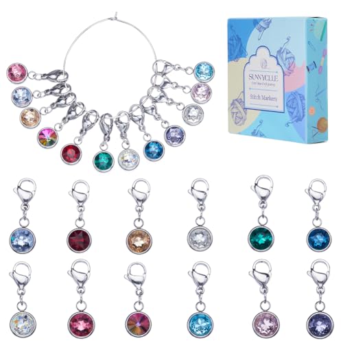 1 Box 12pcs Knitting Stitch Markers Knitting Crochet Markers Rhinestone Crystal Brirthstone Charms Crochet for Weaving Sewing Needleworks DIY Craft Gift Supplies (12 Count)