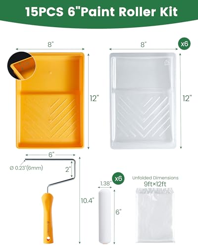 15 Pcs 6 Inch Paint Roller Kit with Small Paint Roller
