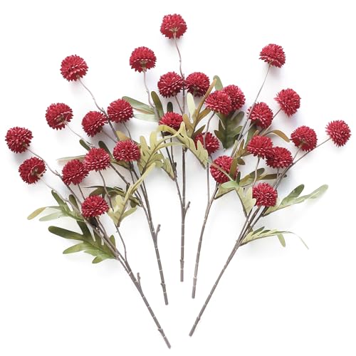 5pcs Dark Red Faux Silk Mums Artificial Flowers (25 Count)