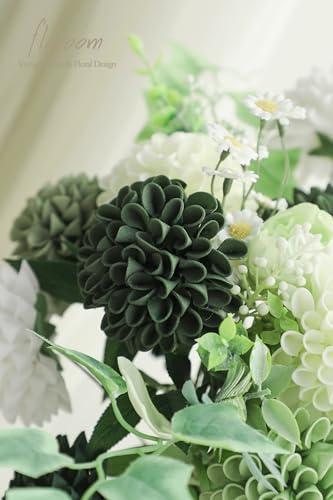 Artificial Dahlia Flowers 25pcs Real Looking Forest Green Shades Foam Fake Roses with Stems for DIY Wedding Bouquets Bridal Shower Centerpieces Sage Green Floral Arrangements Tables Decoration (25 Count)