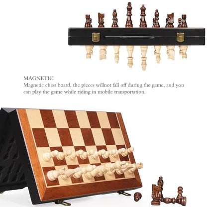 Chess Magnetic Wooden Chess Set 15" Unique Chess Board Game with Chess Pieces Storage Slots