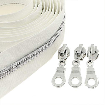 5 Silver Metallic Nylon Coil Zippers by The Yard Bulk 10 Yards White Tape with 25pcs Silver Sliders for DIY Sewing Tailor Craft Bag