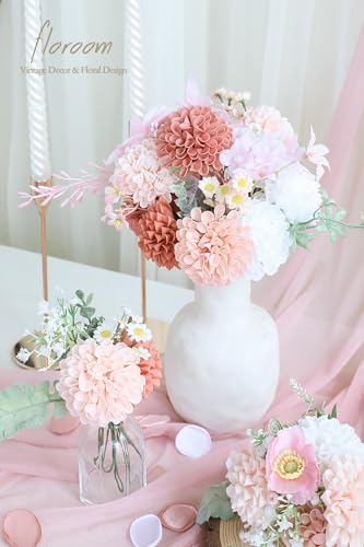 Artificial Dahlia Flowers 25pcs Real Looking Dusty Rose Shades Foam Fake Roses with Stems for DIY Wedding Bouquets Bridal Shower Centerpieces Floral Arrangements Party Tables Home Decoration (25 Count)
