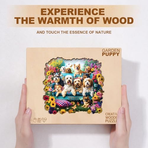 Dogs Puzzles Colorful Flowers Spring Garden Scene Sunflowers Puzzle Adults Gifts for Women Men Wooden 100 Pieces 8.5 * 7.7in
