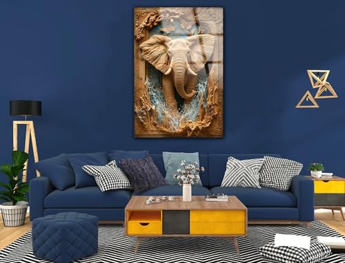 Rustic Elephant Printed Tempered Glass Wall Art Painting for Living Room