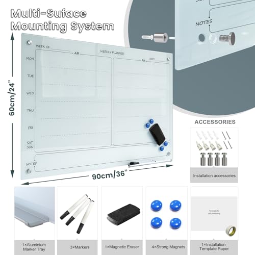 Glass Whiteboard 24"X36" Weekly Calendar Writeboard Magnetic Planner WritingBoard Dry Erase Board Frameless White Board for Office School Home Tray