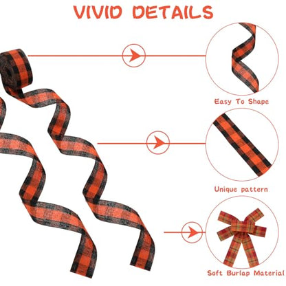 10 Rolls 50 Yard Fall Plaid Burlap Ribbon Rolls 1 Inch Autumn Gift Wrapping Ribbon Seasonal Decorative Ribbons for DIY Crafts Wreath Bow Making Supplies Home Decor (10 Count)