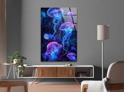 Round 31 5'' Glowing Jellyfish Glass Wall Art Tempered Glass Printing Wall Decor Large Wall Art Wall Hangings