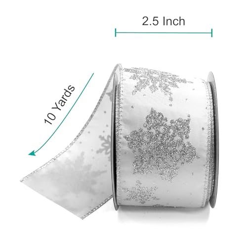 White Satin with Silver Snowflake Wired Ribbon 2.5 Inch x 10 Yards for Christmas Home Decor Tree Topper Bow Gift Wrapping DIY Crafts Wreath Garland (30 Foot)