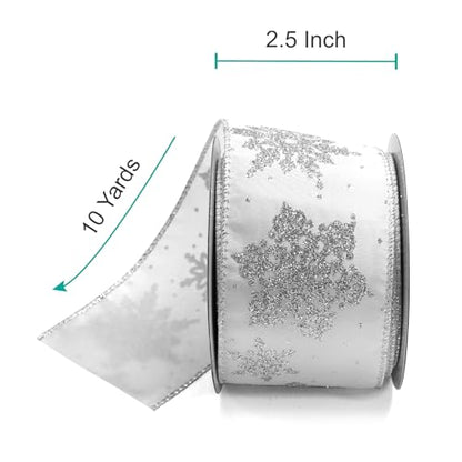 White Satin with Silver Snowflake Wired Ribbon 2.5 Inch x 10 Yards for Christmas Home Decor Tree Topper Bow Gift Wrapping DIY Crafts Wreath Garland (30 Foot)