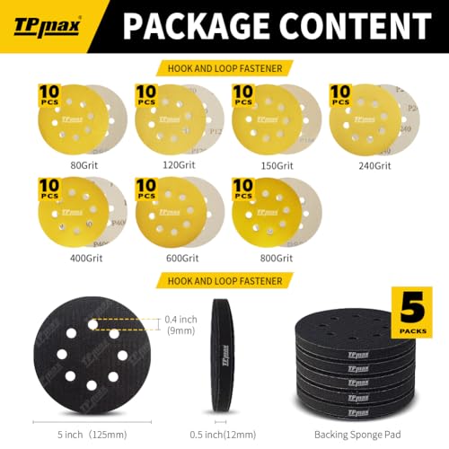 70PCS 5 Inch 125mm 8 Hole Sanding Discs Sandpaper Mixed Grits with 5 Pack Hook and Loop Soft Density Interface Pads for Random Orbital Sander