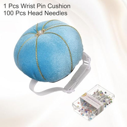 Wrist Pin Cushion Wristband Sewing Pincushion Polyester Pin Holder Wearable Pumpkin Shaped Needles Wristband with 100 Head Needles for Sewing Quilting DIY Crafts