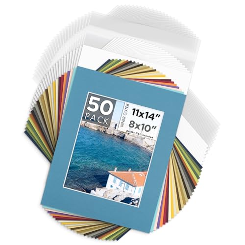 Mat Board Center 50 Pack 11x14 Mat+Backings+Bags for 8x10 Photo Mix Color