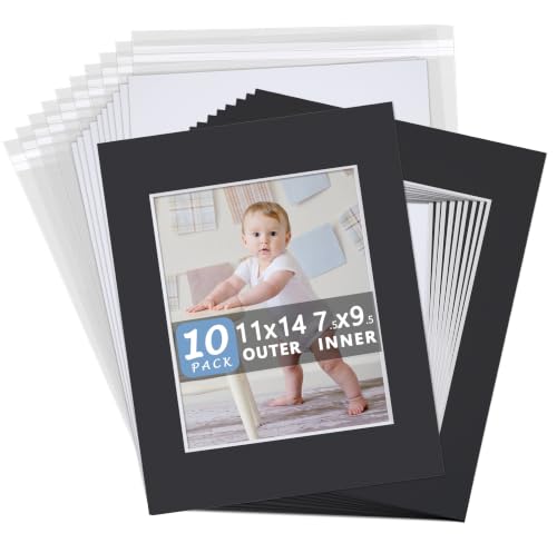 10 Pack 11x14 Black Picture Mat Kit for 8x10 Photo with Bevel Cut