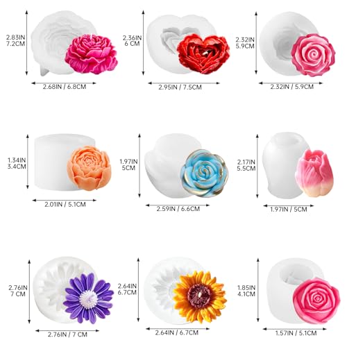 9 Pcs 3D Silicone Flower Molds for Candle Soap Making Cake Chocolate Making (9 Count)