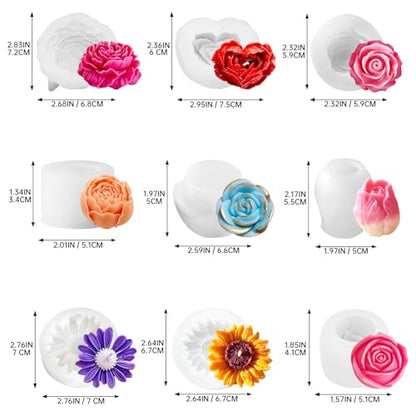 9 Pcs 3D Silicone Flower Molds for Candle Soap Making Cake Chocolate Making (9 Count)