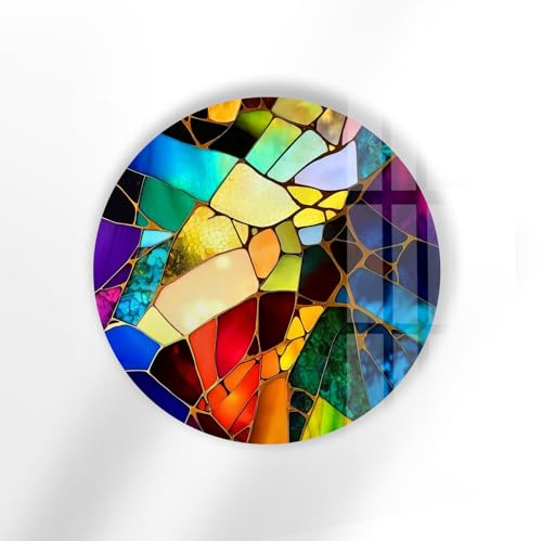 39,4''(100cm) Diameter Multicolor Round Stained Glass Wall Art Vibrant Mosaic Abstract Panel Tempered Glass Printing Wall Decor Large Wall Art Wall Hangings