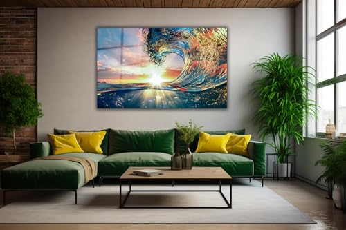 Shining Sun and Waves Printed Tempered Glass Wall Art Painting for Living Room