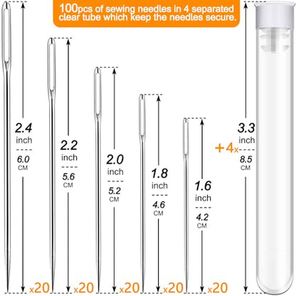 100 Pack Premium Large Eye Needles for Hand Sewing with Needle Threaders (100 Count)
