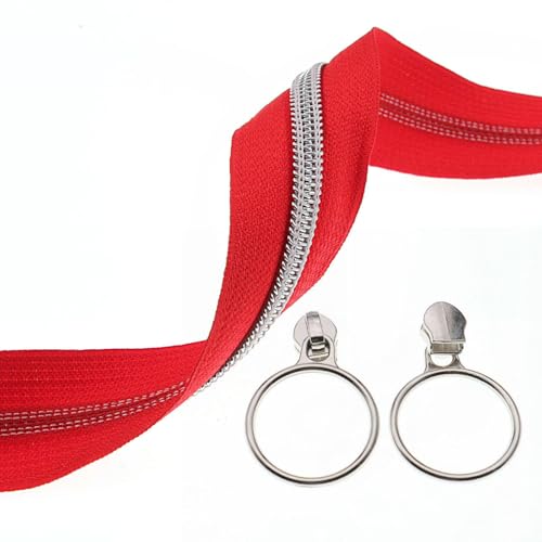 5 Silver Metallic Teeth Nylon Coil Zippers by The Yard Bulk 10 Yards Red Zipper Tape with 25pcs Silver Ring Pull Sliders for DIY Sewing Tailor Craft Bag (25 Count)
