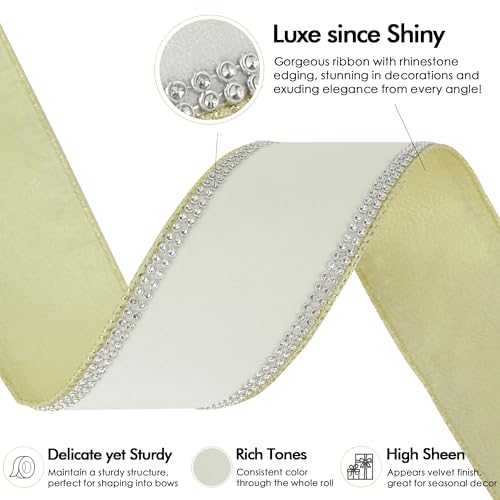 Gold & White Velvet with Rhinstone Edge Wired Ribbon 2.5 Inch Luxury Jeweled Ribbon 5 Yards Sparkling Rhinestone Trim for Christmas Tree (15 Foot)