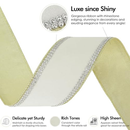 Gold & White Velvet with Rhinstone Edge Wired Ribbon 2.5 Inch Luxury Jeweled Ribbon 5 Yards Sparkling Rhinestone Trim for Christmas Tree (15 Foot)
