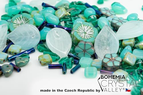 2.1oz (60 g) Mix of Unique Czech Bohemia Glass Pressed Beads, Rocailles, Opaque Turquoise Green Copper Crystal Silver, Matte and Glossy, Hand Made BCV (2.1164 Ounce)