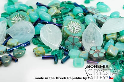2.1oz (60 g) Mix of Unique Czech Bohemia Glass Pressed Beads, Rocailles, Opaque Turquoise Green Copper Crystal Silver, Matte and Glossy, Hand Made BCV (2.1164 Ounce)