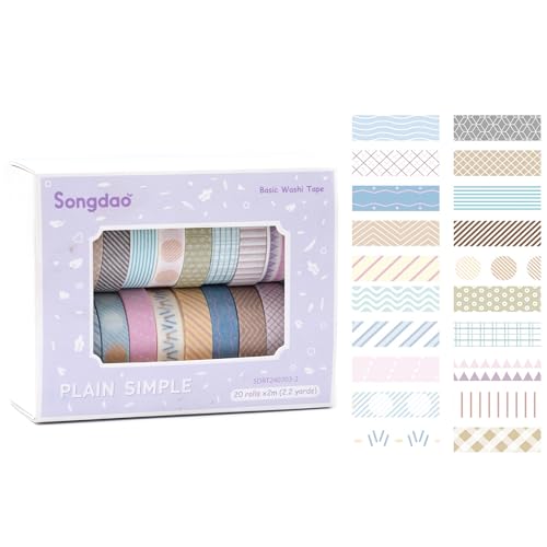 20 Rolls Basic Washi Tape Set Japanese Arts Adhesive Tapes Simple Patterns Decorative Masking Tape Sets for Craft (20 Count)