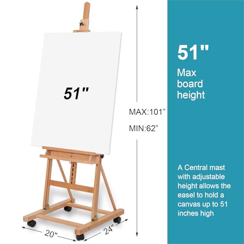 Beechwood H Frame Artist Studio Easel with Wheels and Storage Tray