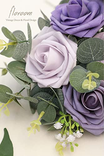 Artificial Flowers 25pcs Real Looking Lavender Purple Ombre Colors Foam Fake Roses with Stems for DIY Wedding Bouquets Bridal Shower Floral Centerpieces Party Tables Home Decorations (25 Count)