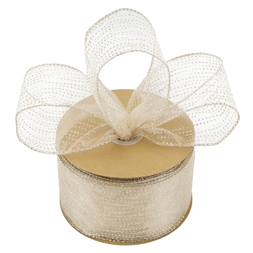 Champagne Gold Wired Ribbon 2.5 Inch Horizontal Stripes Glitter Polka Dot Christmas Ribbon Organza Sheer Ribbons 25 Yards Champagne Gold Glitter Ribbons for Christmas Tree (75 Foot)
