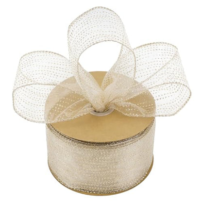 Champagne Gold Wired Ribbon 2.5 Inch Horizontal Stripes Glitter Polka Dot Christmas Ribbon Organza Sheer Ribbons 25 Yards Champagne Gold Glitter Ribbons for Christmas Tree (75 Foot)