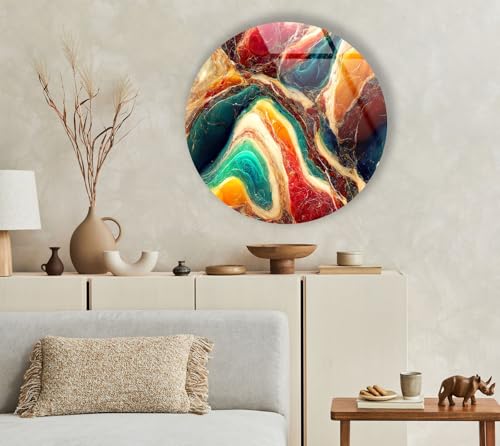 20''(50cm) Diameter Colorful Marble Swirl Round Wall Art Abstract Glass Decor with Earthy Tones & Gemstone Texture